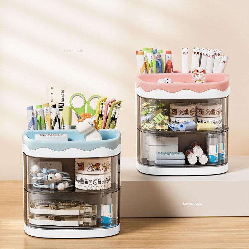 Practical Multi-Functional Desk Organizer Pen Holder Double Layers Rotating Pencils Storage Rack Student Cosmetics Storage Shelf