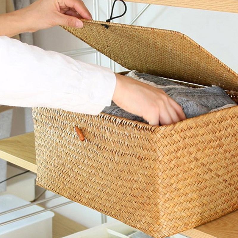 Multi-size Seagrass Storage Basket with Lid Woven Rectangular Shelf Basket Bins Desktop Organizer Chirstmas Gift Basket