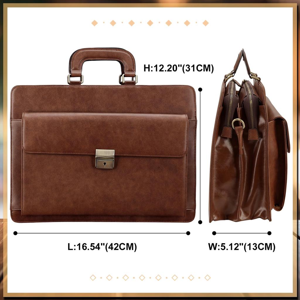 Vannus Herren Aktentasche aus echtem Leder, Italienisches Leder, Großes Fassungsvermögen, Stehend, Passt für 15,6-Zoll-Laptop, Braun