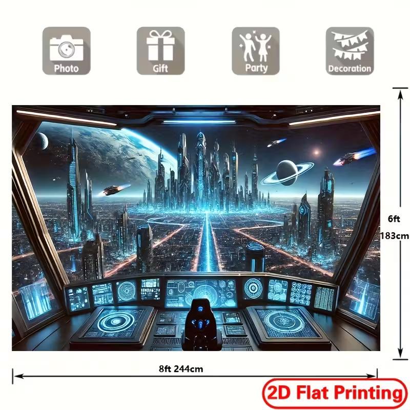 Futuristic Outer Space City Tapestry, Alien Planet Backdrop for Living Room Decor