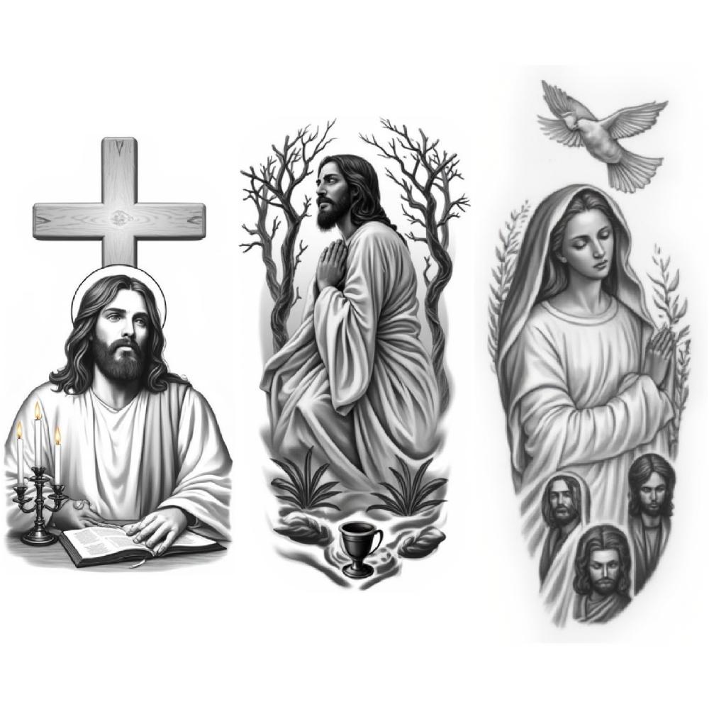 3pcs Temporary Tattoo Black And Grey Realism Praying Woman Book Virgin Mary For Arms Men Thighs