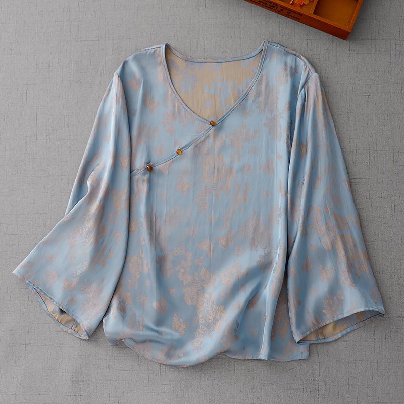 Neues Rayon Chinesisches Jacquard Sommerhemd im Nationalen Stil mit schrägem Knopfleisten