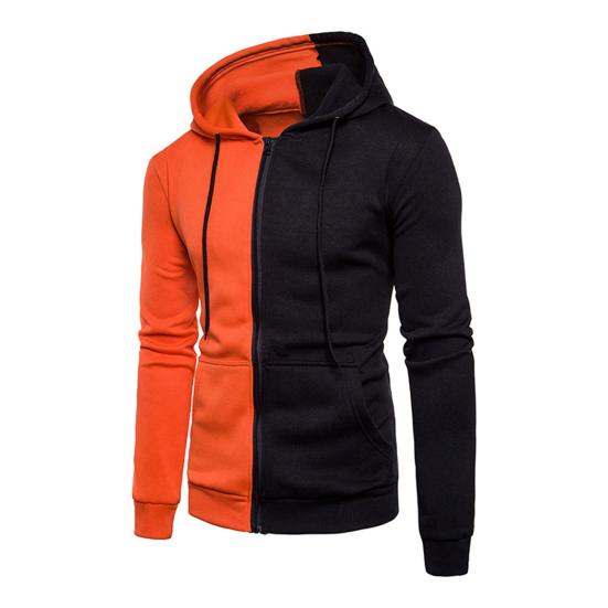 Hooded Zipper Closure Men Jacket Patchwork Long Sleeve Drawstring Side Pockets Sweatshirt Male Clothing