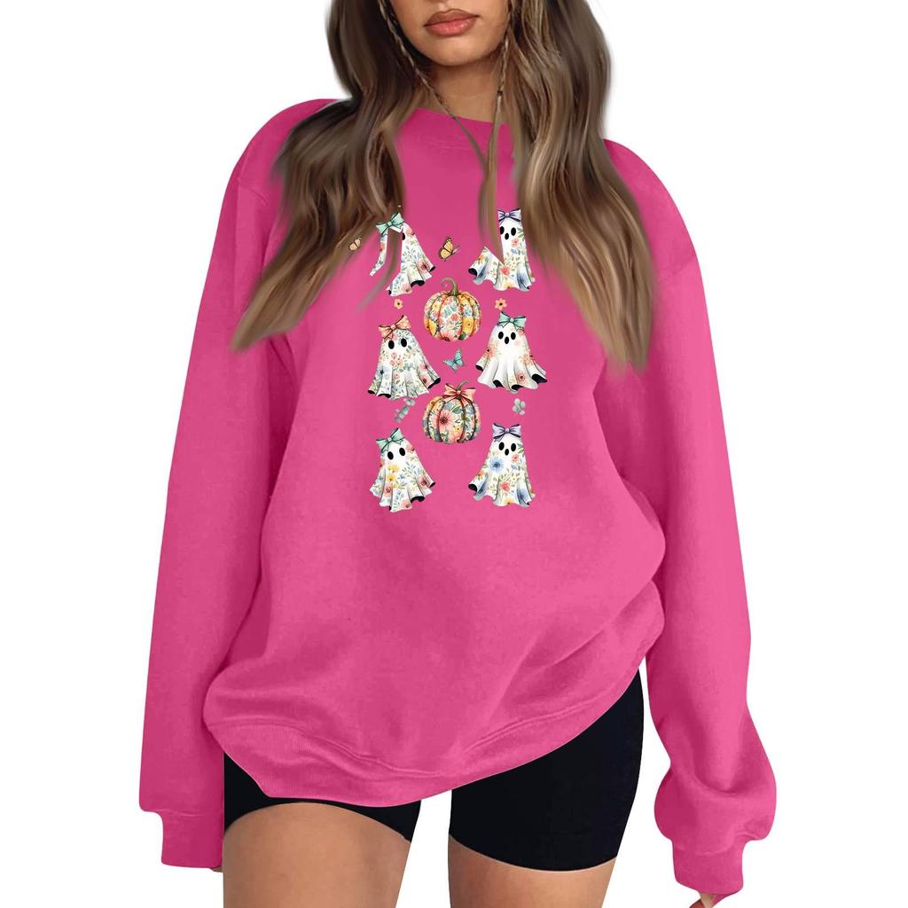 Women's Comfortable Casual Sweatshirt with Long Sleeve, Round Neck, Loose Fit, Small Halloween Print and Color Options