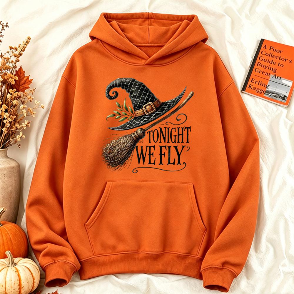 Tonight We Fly Witch Broom Hoodies Women Autumn Halloween Graphic Sweatshirt Loose Casual Long Sleeve Pullover Aesthetic Tops