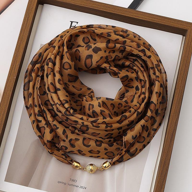 Women Korean Style Leopard Print Magnetic Buckle Scarf Thin Triangle Neck Kerchief Versatile Decorative Neck Scarf for Spring Autumn