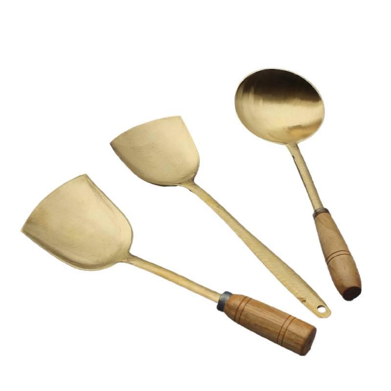 Handcrafted Brass Wok Spatula & Copper Spoon Set with Wooden Handles, Uncoated Raw Brass Utensils for Household Use