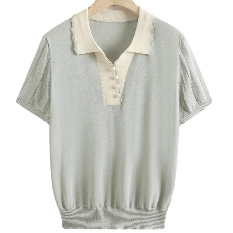 Summer Short-sleeved Middle-aged Women's Ice Silk T-shirt Top Lapel Fashion Pullover