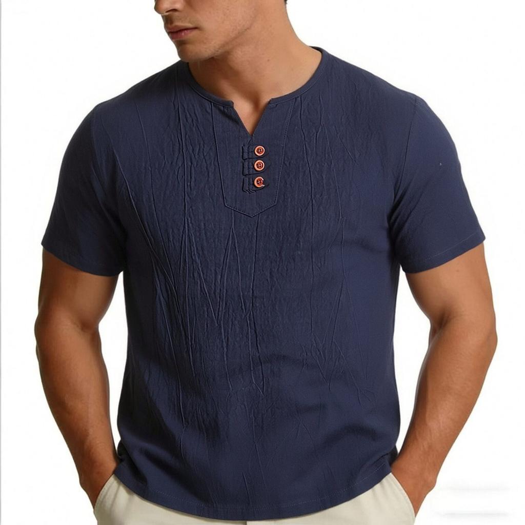 Men Chinese Style Retro Casual V Neck Short Sleeve Solid T Shirt