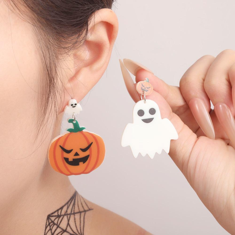 Full Hosting Eco-Friendly Acrylic Stud Earrings, Personalized Halloween Pumpkin Ghost Fear Face Earrings