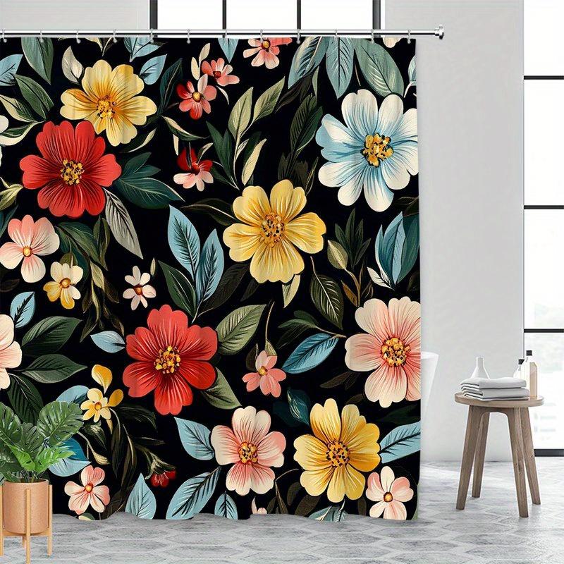 1 Vibrant Vintage Botanical Floral Shower Curtain - Red, yellow, pink and white flowers with green on a bold black background
