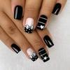 Medium Square Black & White Heart Striped Fake Nails - Gothic Bow Design