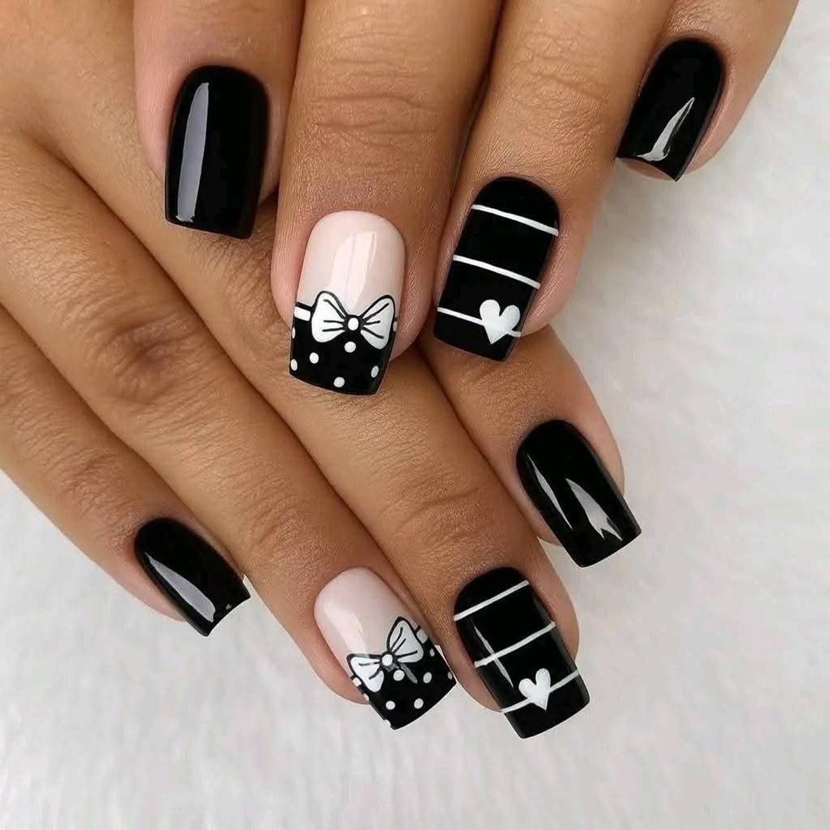 Medium Square Black & White Heart Striped Fake Nails - Gothic Bow Design F-936