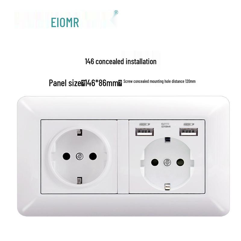 Curved White European Standard Socket Panel with Double USB & Type C, German Switch, Concealed Installation