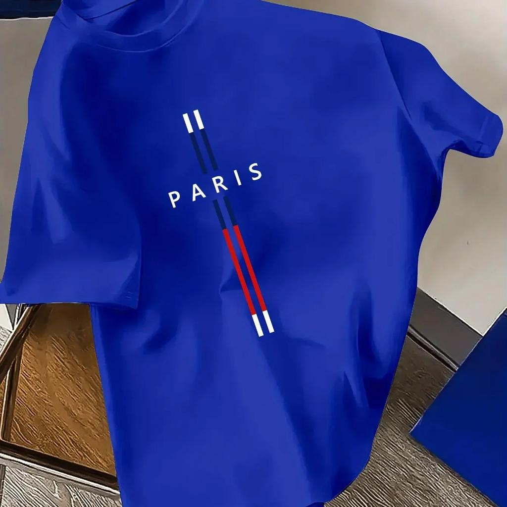 Summer men's 100% cotton casual, fashionable and loose Parisian English letter printed short-sleeved top