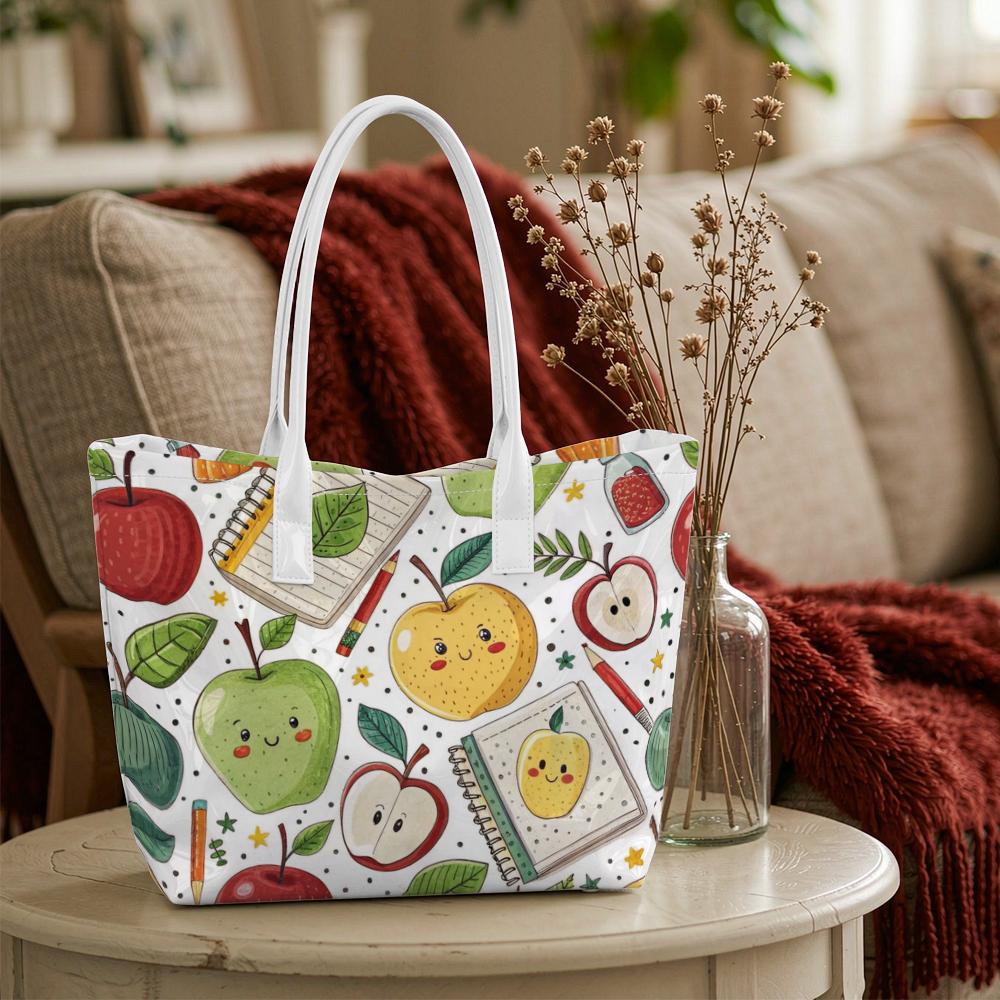 Cute Apple Print Portable Tote Bag Casual Daily Shoulder Handbag for Shopping Work Travel