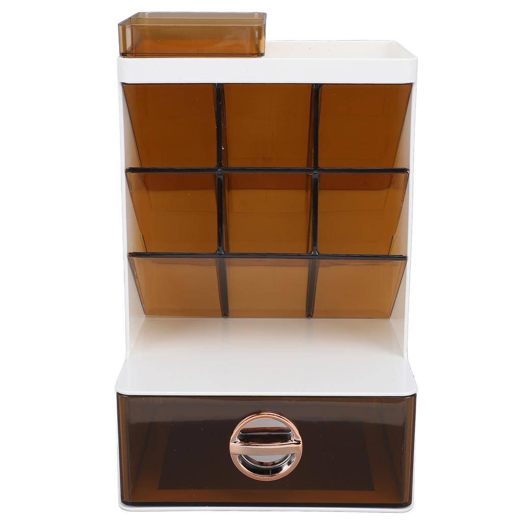 Makeup Brush Holder with Drawer Desktop Stationery Supplies Storage Box for Office School Vanity White and Dark Brown