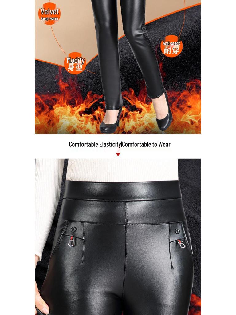 Mom's High-Waisted Leather Pants: Winter Plus Velvet Straight-Leg Style for Middle-Aged & Elderly Women