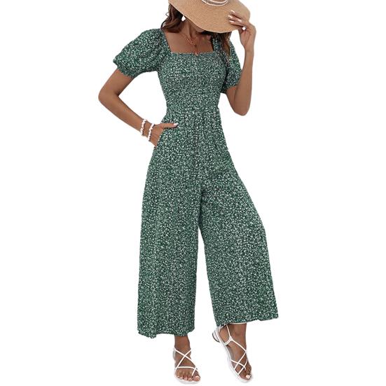 Women's Square Neck Jumpsuit Floral Puff Short Sleeve Wide Leg Pants Romper Summer Casual