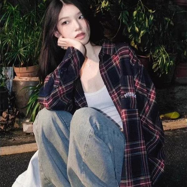 

Women s Retro Wine Red Plaid Loose Long Sleeve Shirt for Summer X-Large