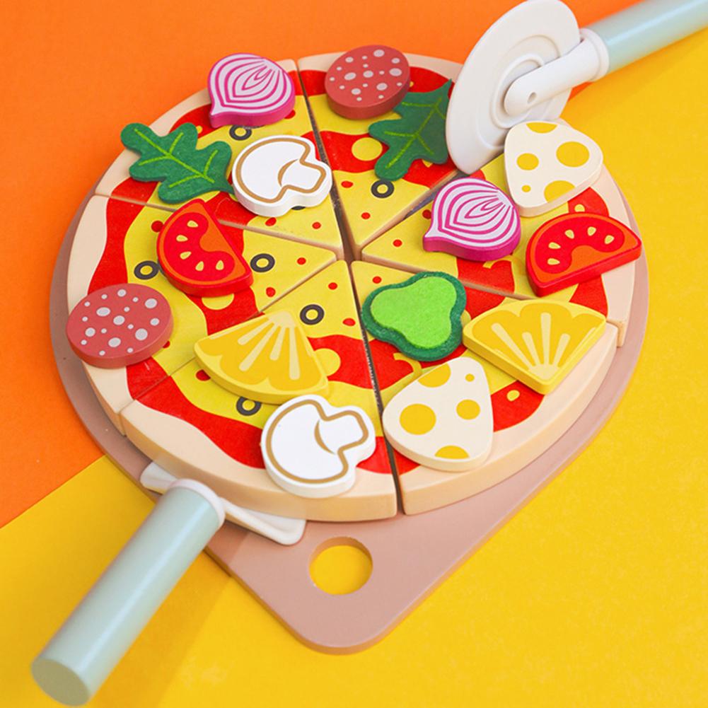 Kids Pizza Cutting Toy Wooden Pizza Set Pretend Play Kitchen Accessories Play Food Toy Gifts For Boys Girls