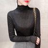 Women's High Neck Ruffle Silk Lurex Long Sleeve Shirt - Elegant Striped Base Layer for Autumn/Winter