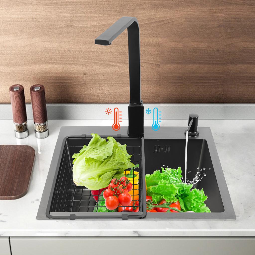 16x12 Inch Stainless Steel Kitchen Sink – 201 Stainless Steel with Nano Coating – Complete Set with Faucet, Soap Dispenser & Drain Basket – Black/Grey