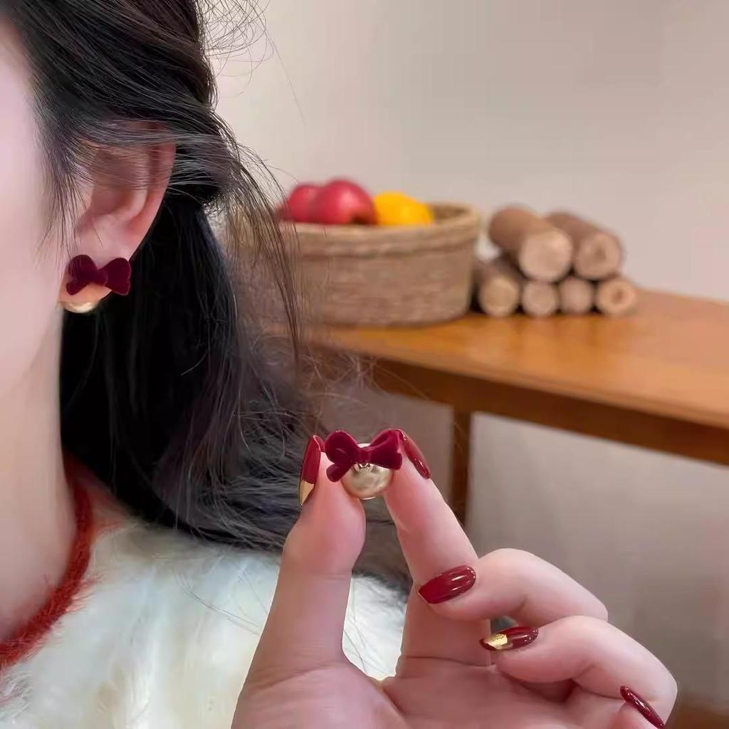 Women's Red Flocked Bow Pearl Earrings - Elegant Front & Back Wear Studs
