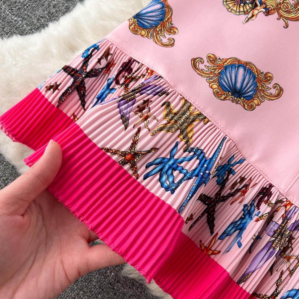 Spring Lace Stitched Long Sleeve Printed Shirt + Waist Bag Hip Pleated Fishtail Skirt Two-Piece Suit