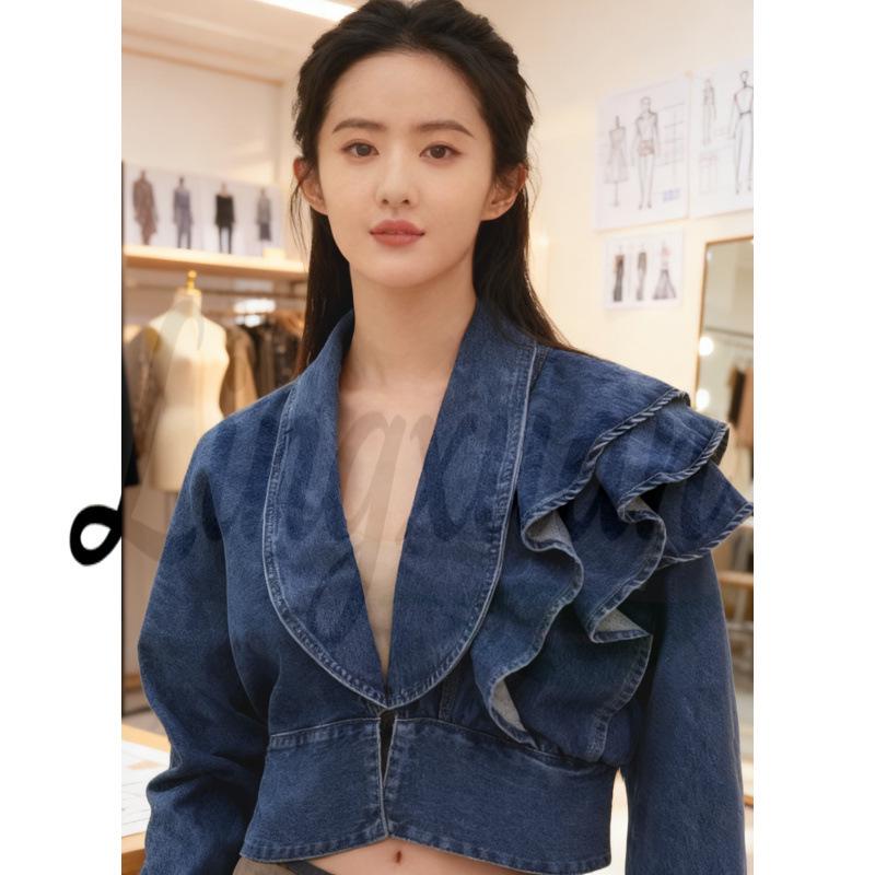 Korean Ruffle V-neck Slim Denim Jacket L синий