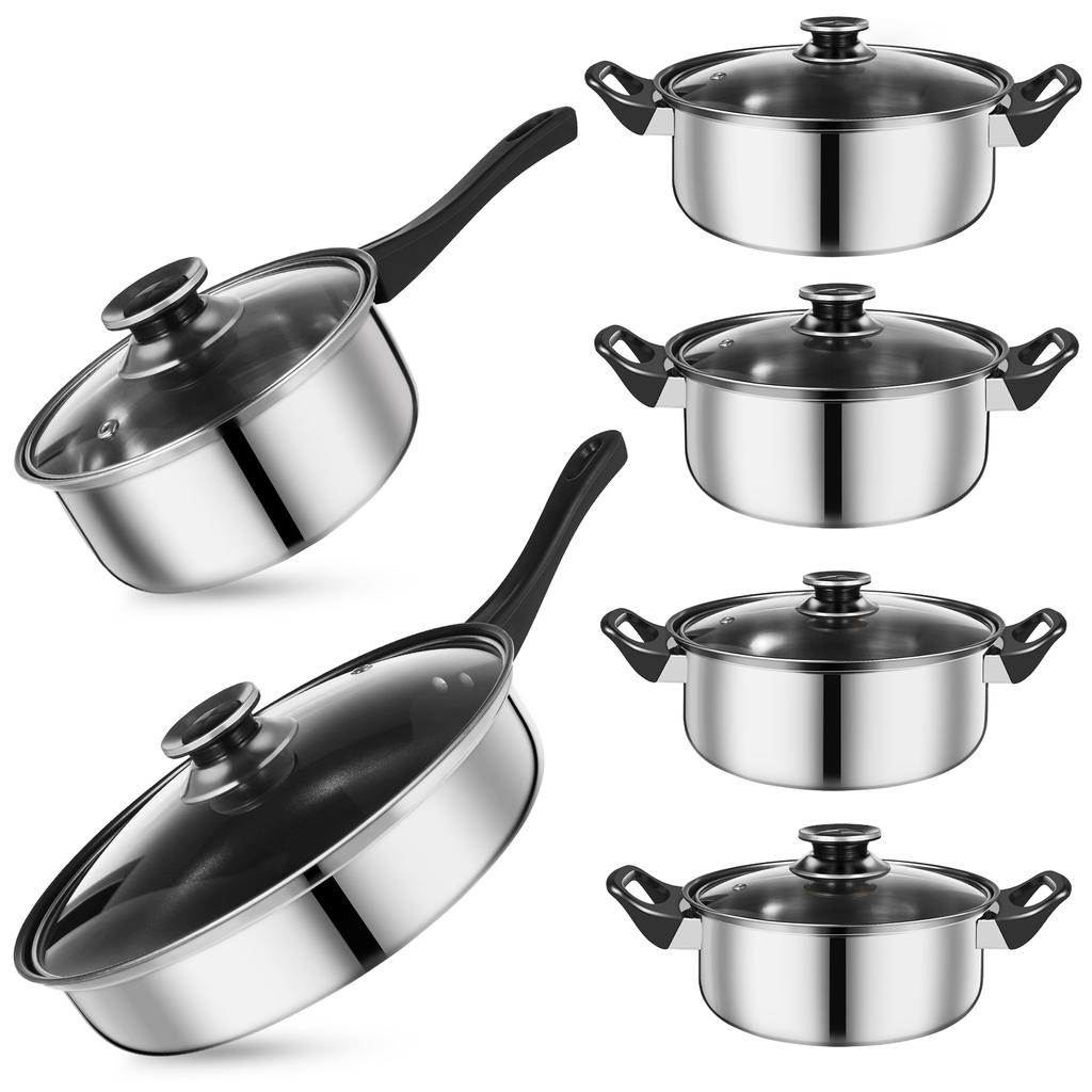 12 Pcs Stainless Steel Pot 12-piece Set Black Handle Milk Soup Frying Pan (black Non-stick) Pots Cookware Saucepan Griddle Pans