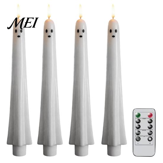 Décorations d'Halloween à piles Fantôme Bougies Coniques Sans Flamme, Lumière de Bougie Vacillante avec Veilleuses de Forme Unique Télécommande, Cire Véritable 3D