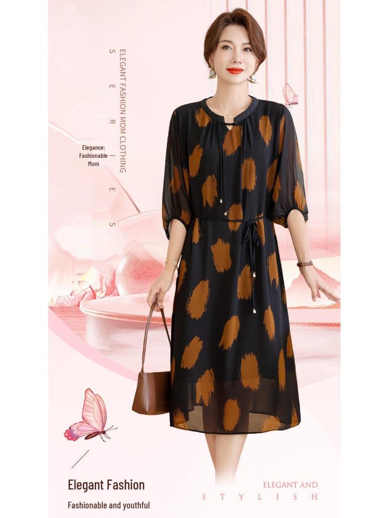 Summer Women's Short-Sleeved Chiffon Midi Dress with Meat-Print Design