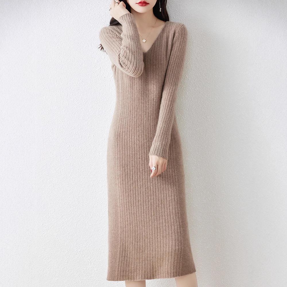 

Women s V-Neck Extra Long Wool Over-the-Knee Dress - Autumn/Winter Slimming Layer L for 110-120 jin