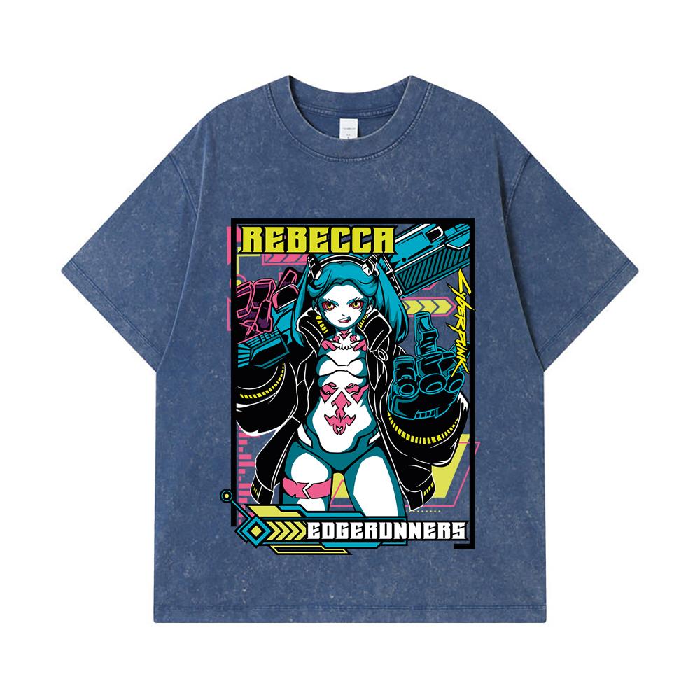 

275 GSM Washed T-shirts 100% Cotton Cyberpunk V9 Rebecca Print Unisex Heavy Cotton T Shirt 2XL королівський синій колір