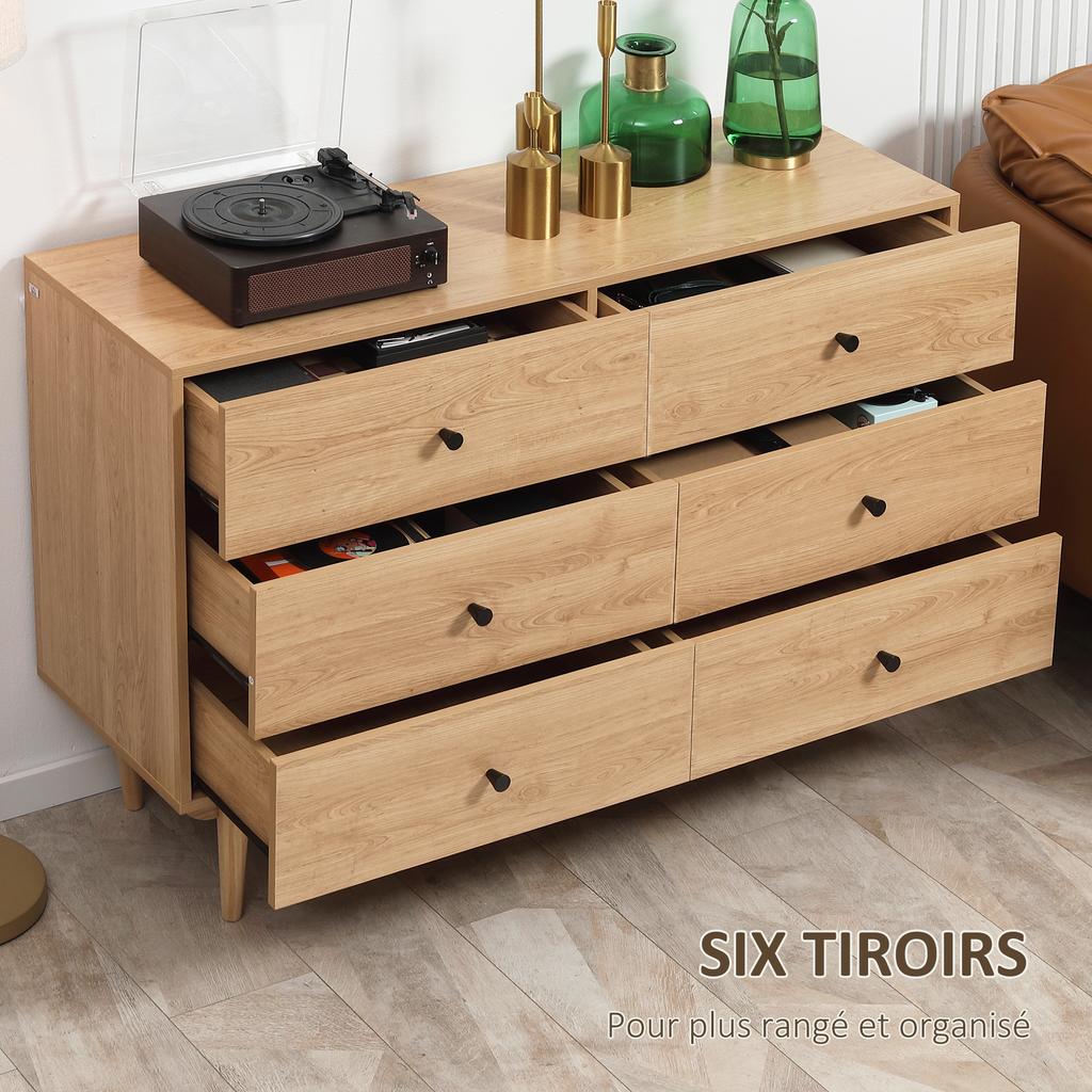 Chest Of 6 Drawers Storage Furniture With Solid Wood Legs 120 X 40 X 80 Cm Light Brown