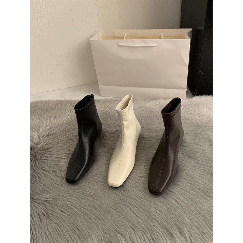 Korean Version Of Old Money Style Minimalist Small Square Head Short Boots Ankle Boots Autumn And Winter Slope Heel Chelsea Boots Thin Boots Women