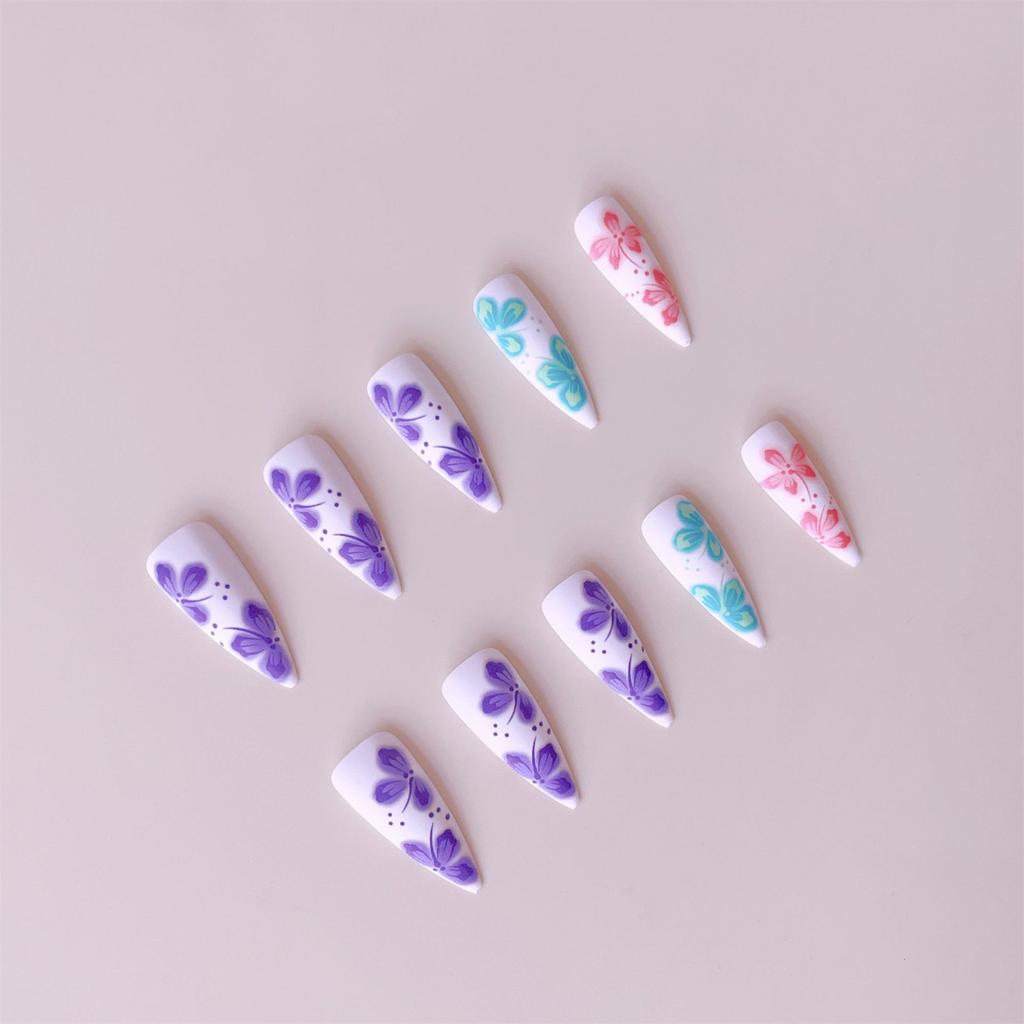 24pcs Long Press on Nails Stiletto Fake Nails Floral Design Reusable Resin Fake Nails for Shopping Traveling Dating