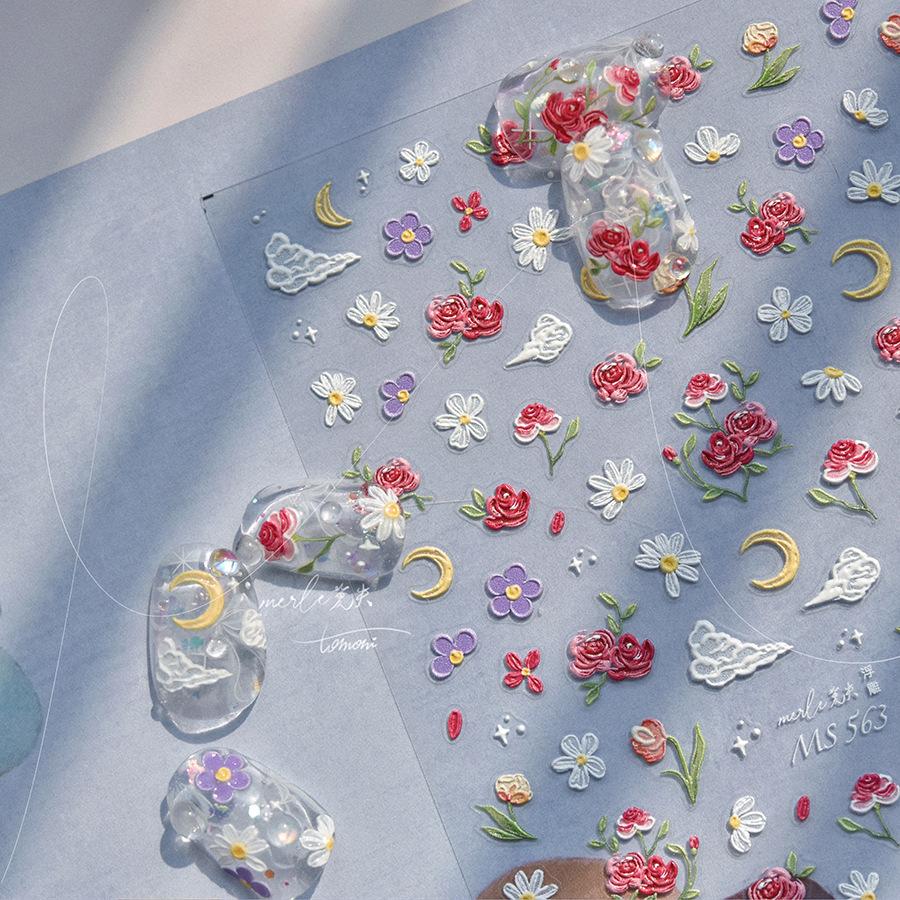 1Sheet 5D Soft Embossed Relief Nail Stickers Cute Daisies Self Adhesive Slider Stickers Press On Nails DIY Nail Art Dec