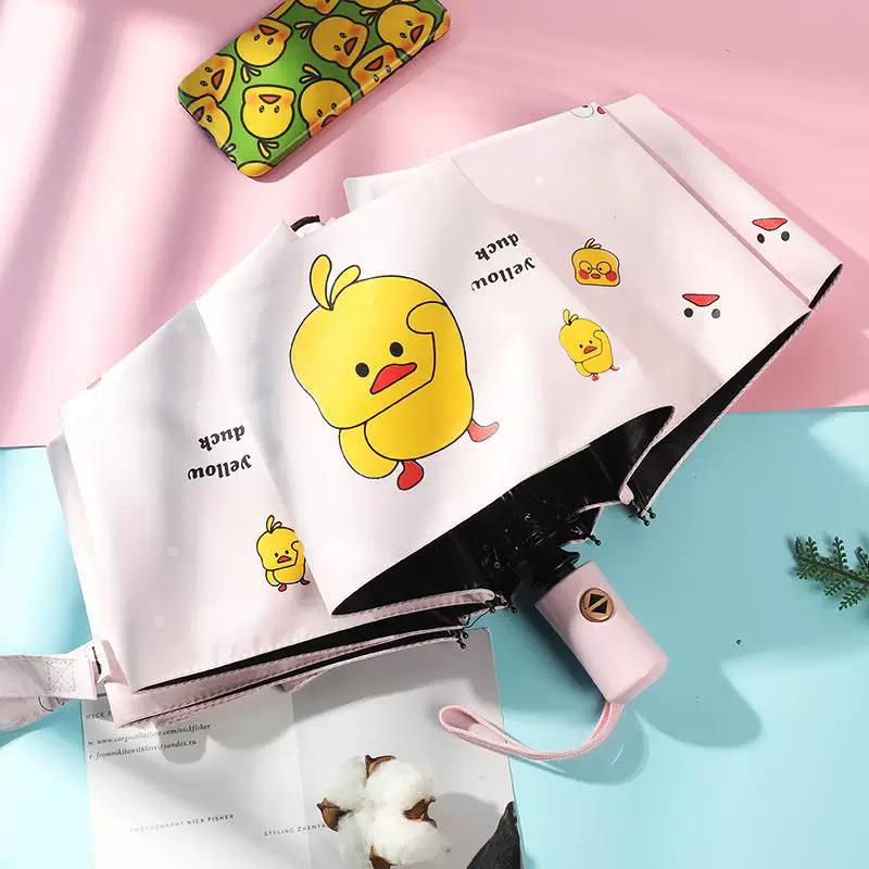 Cartoon Little Yellow Duck Umbrella with Logo Printing, Black Coating Sun Protection Folding Umbrella, Uv Protection Sun Umbrella