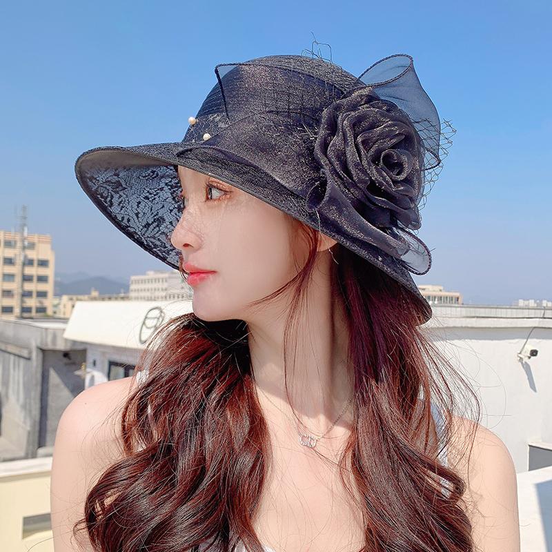 2025 New Summer Wide Brim Organza Sun Hats For Women Elegant Flower Floppy Travel Beach Hat Kentucky Derby Wedding Church Hats