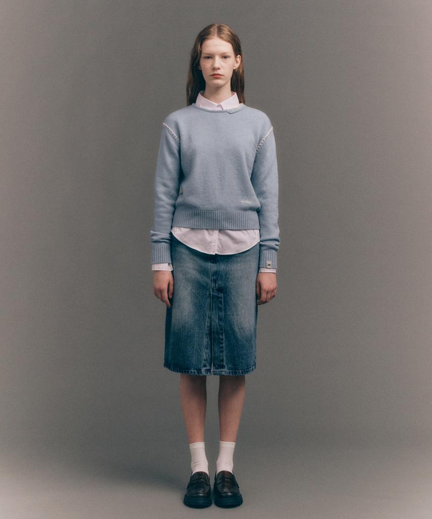 Seteo (W) Contrast Stitch Semi-Crop Knit Ice Blue