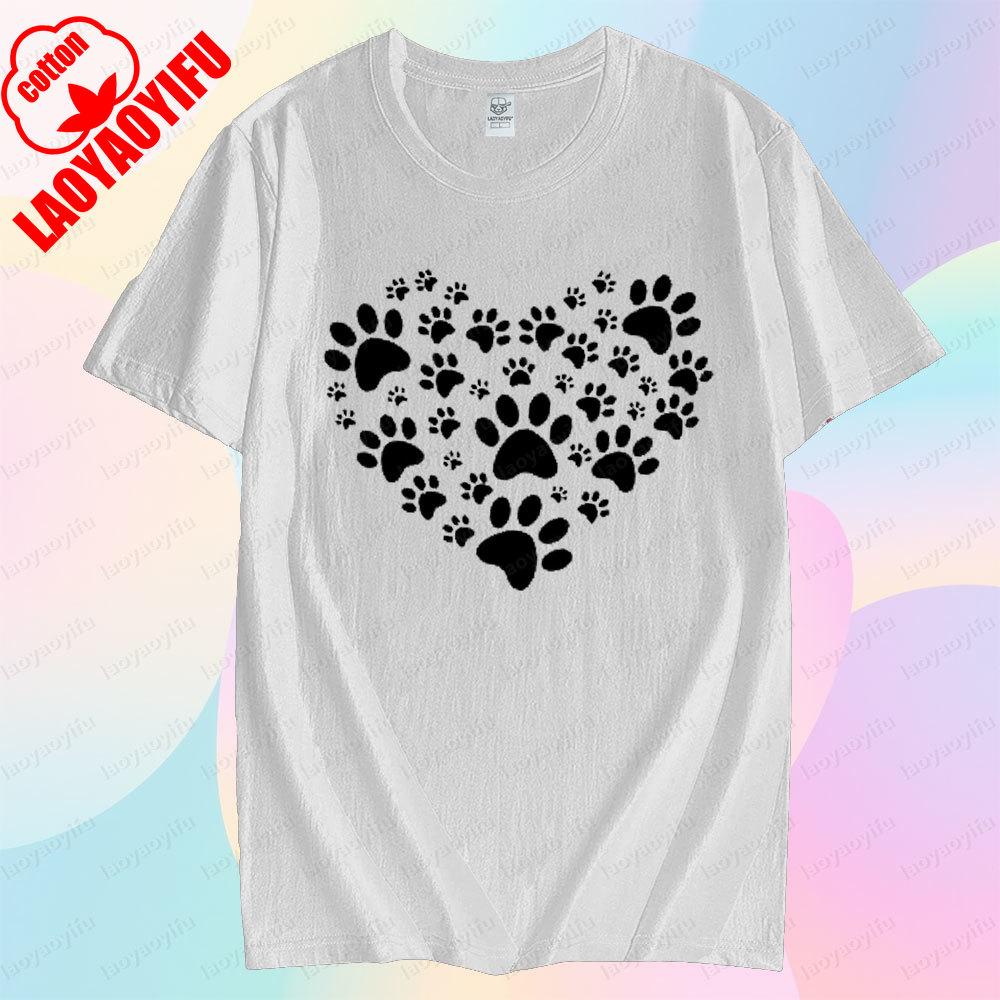 Cute Pet Footprint Print Tshirt Footprint Heart Shape Creative Design Tshirt Women Men Crewneck Cotton Short Sleeve Unisex Tee
