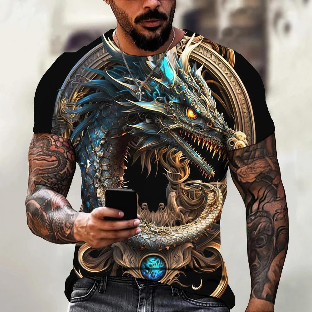 Summer casual dragon T-shirt men's fashionable 3D animal print, plus size short sleeved street T-shirt