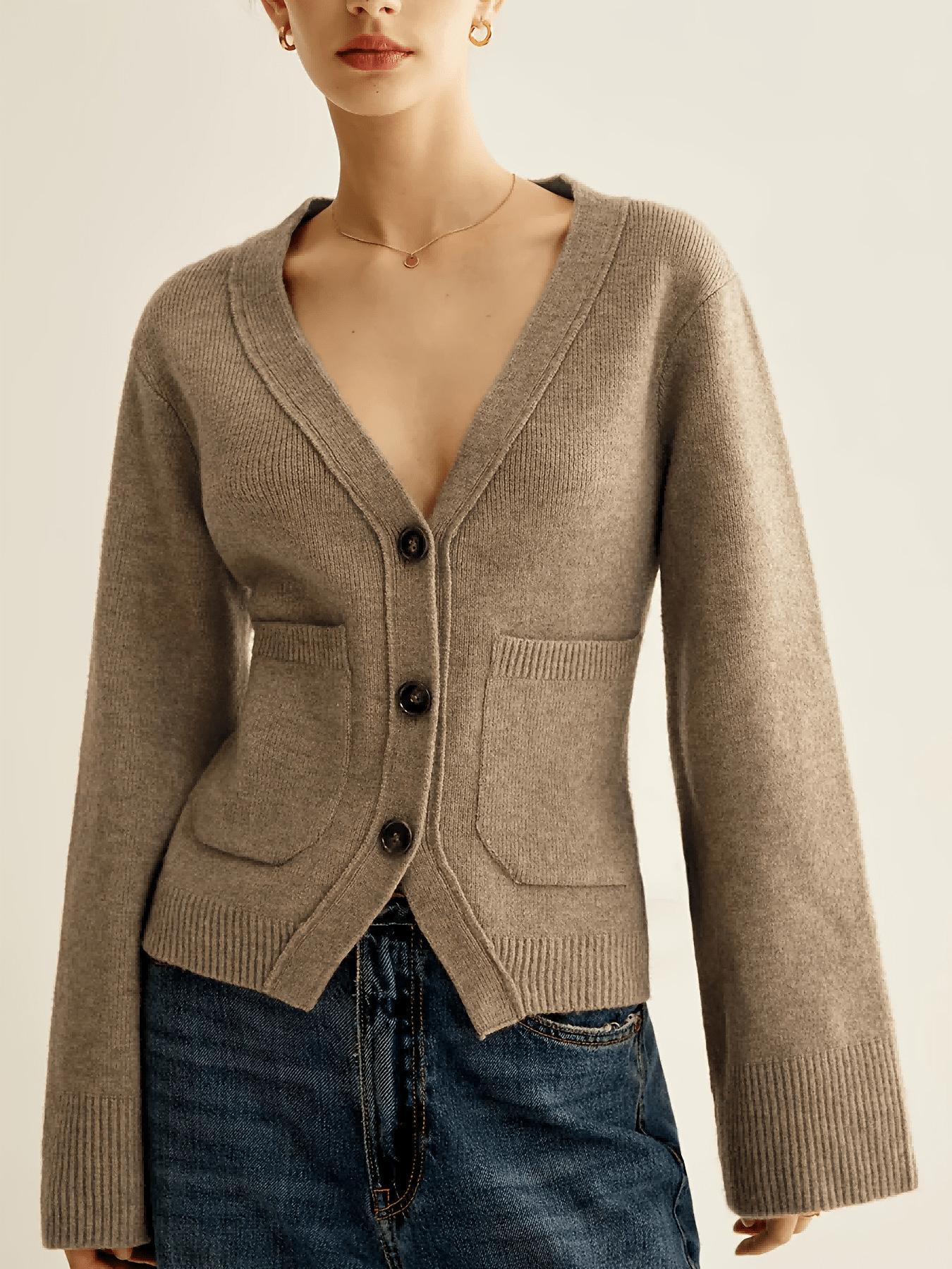 Women V Neck Button Up Cardigan Sweater Long Sleeve Pocket Casual Knit Top S верблюд