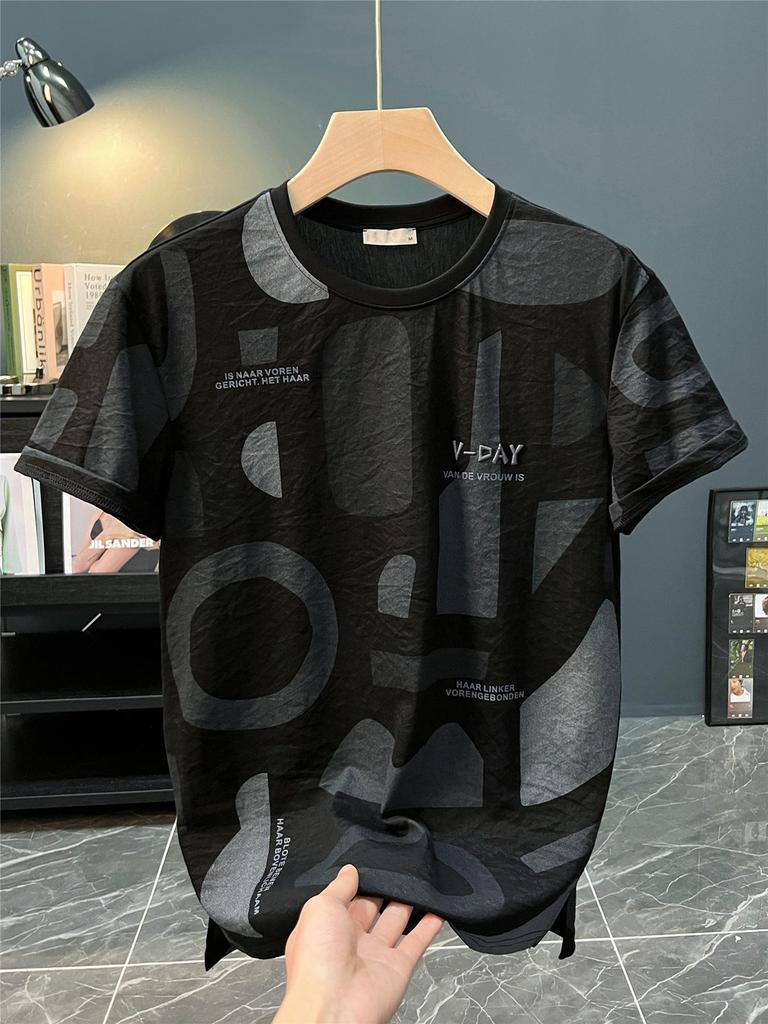 Men's Ultra-Thin Hip Hop Letter Print Short Sleeve T-Shirt, Summer 2024 Korean Style