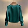 Women Tops Round Neck Long Sleeve Smooth Satin Pullover Tops Solid Color Loose Fit Faux Pearls Decor Casual Shirt Daily Wear