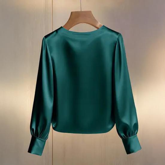 Women Tops Round Neck Long Sleeve Smooth Satin Pullover Tops Solid Color Loose Fit Faux Pearls Decor Casual Shirt Daily Wear