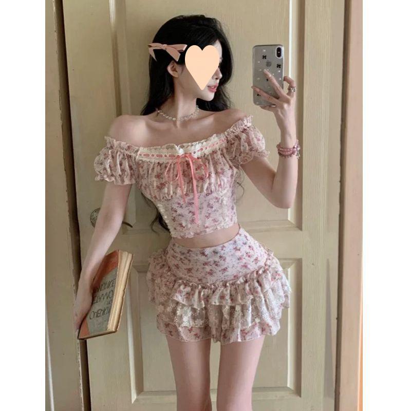 Milk-Toned Women s Summer Suit: Pink Floral Off-Shoulder Top & Lace High-Waisted Mini Skirt Two-Piece Set. S