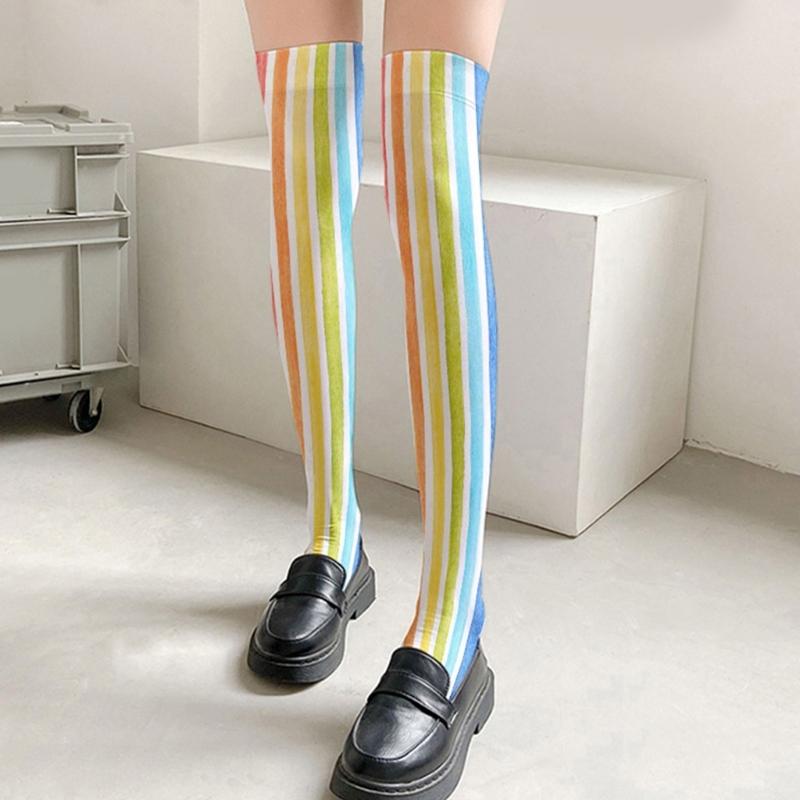Rainbow Multicolor Striped Print Over the Knee Stockings for Women Carnivals Parties Anime Thigh High Long Socks Hosiery